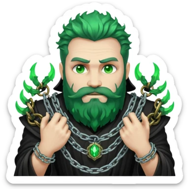 hades greek god with green flames and beard with chains on his arms and neck sticker
