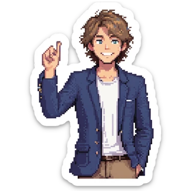 Flat pixel are, lively and clever male debater, fair skin, medium-length messy light brown hair, sharp eyes with a mischievous smile, wearing indigo blazer over a casual t-shirt, one hand raised mid-gesture, the other holding a floating speech bubble, waist-up, front-facing sticker