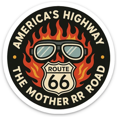 circular design for motorcycle cap, transparent background, text 'AMERICA'S HIGHWAY - ROUTE 66 - THE MOTHER ROAD', motif: motorcycle goggles, Route 66 sign, flame, modern style sticker