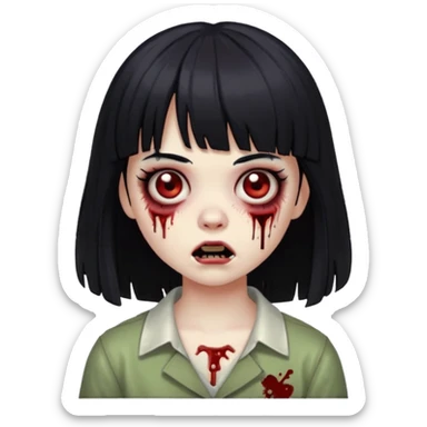 garota zumbi com franja, cabelo preto, expressão fofa, detalhes de zumbi, estilo emoji de iPhone sticker
