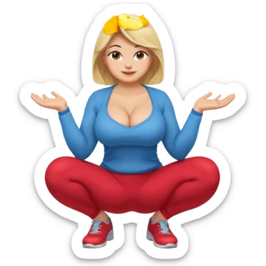 fullbody busty blonde woman, front view, squatting and sitting, cheerful expression, SFW, no nudity, apple emoji style sticker