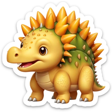 Cinematic Cute Stegosaurus Portrait Emoji, Head tilted playfully with a cheeky grin, featuring a charming, low-profile body with iconic, rounded bony plates and a spiky tail, a small head with sparkling, curious eyes, Simplified yet irresistibly adorable features, highly detailed, glowing with a warm, inviting earthy glow, high shine, affectionate and spirited, stylized with a touch of whimsical prehistoric charm, soft glowing outline, capturing the essence of a mischievous yet endearing Stegosaurus that seems as if it could waddle out of the screen into your arms! sticker