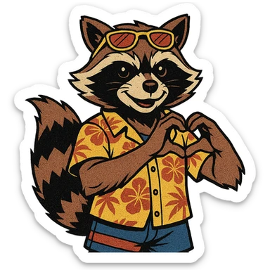 Rocket Raccoon Marvel Rivals summer skin, comic book style, showing heart gesture, no background, based on provided reference sticker