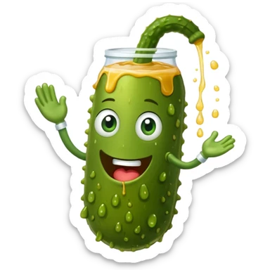 a cartoon pickle with juice squirting from the top of it, being squeezed by a hand sticker