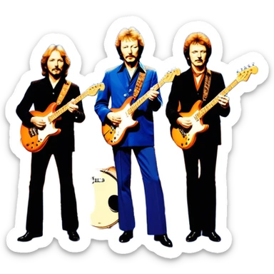 Icon for Blues Rock: collage of the band Cream, with silhouettes of the members (Eric Clapton, Jack Bruce, Ginger Baker) and symbolic items like guitars, drums and bass. The design should convey the powerful, energetic vibe of the band's music. Transparent background. sticker