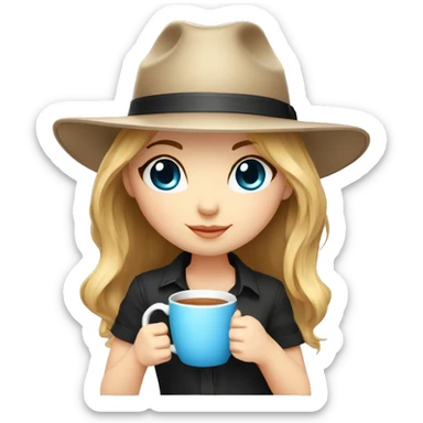 A girl with brown hair and blond bangs with blue eyes in a black panama hat holds a mug.chibi style sticker