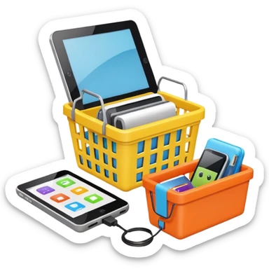 shopping basket containing a robot toy, e-reader, and portable charger emoji sticker