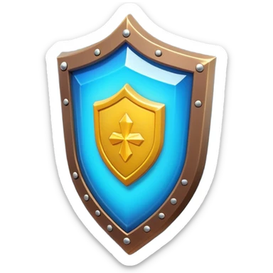Clash of Clans aesthetic: Cinematic Playful 3D Isometric Shield Emoji, rendered in a 3D vector-style similar to standard emojis with minimal shading and bold, simplified shapes. A compact, distinct form with signature details, softly glowing with a fantasy RPG magic charm. Simplified yet unmistakably iconic, highly detailed and consistent, glowing with a soft radiance and high shine. Stylized with a touch of heroic grandeur and a soft glowing outline, capturing the essence of a beloved gaming relic with a friendly, playful manner! sticker