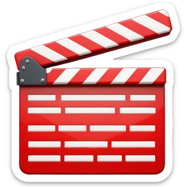 Bright red glossy movie clapper with a folded upper striped bar and light glare sticker