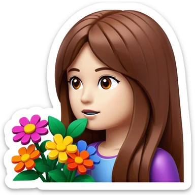 girl with long brown hair sniffing lego flowers sticker