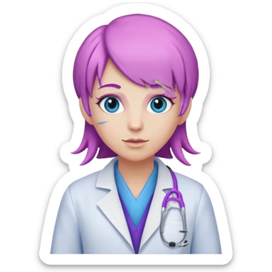 Blue antelope wearing a purple outfit, a lab coat and a pink wig sticker