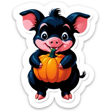 A black piglet holding 4 pumpkins with “luck x4” written on it. sticker
