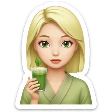 Blond girl with makeup on holding cold matcha sticker