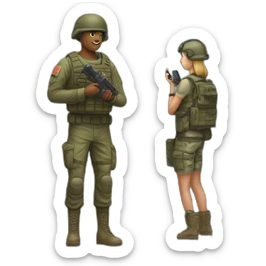 A soldier playing computer game while his non-soldier girlfriend Stands in the door sticker