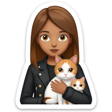 Brown straight-haired girl wearing black jacket with white cat and calico cat sticker