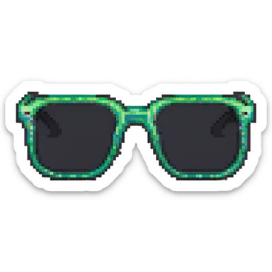 Y2K style pixelated sunglasses with reflective lenses, chrome frames, digital millennium aesthetic sticker