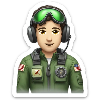 A young white man with dark brown hair and brown eyes in a pilot suit and wearing a green Pilot headset sticker