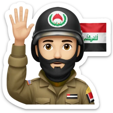 surrenders, depicts an Iraqi soldier from 1980, with a beard, in a helmet, a helmet with sign flag Iraq, with a balaclava, with sad eyes and both hands raised up sticker
