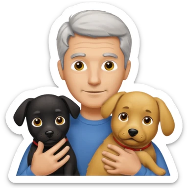 Italian man with no mustache and salt and pepper hair holding one black dog and one yellow dog sticker