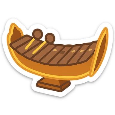 Convert this Thai xylophone into a simple, expressive emoji style. Emphasize the curved wooden shape and mallets, keep the design clear and iconic. Transparent background. sticker