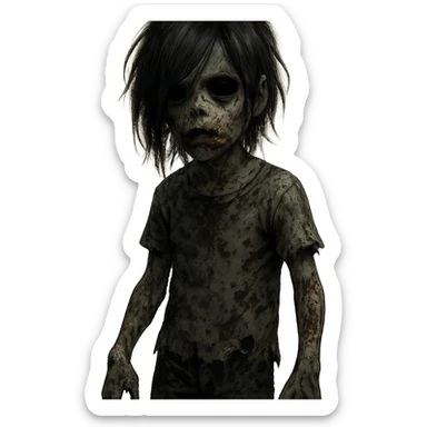 boy zombie with black emo-style long hair, creepy and scary, black eyes, dark skin, horror style sticker