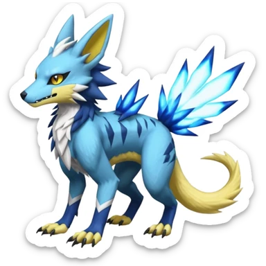 Sergal-Protogen-Trico-Renamon-Lombax-Zeraora-Vernid-fusion-hybrid-creature, drawn in a Pokémon/Digimon style sticker