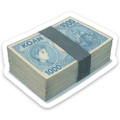 a neat bound stack of blue-and-white banknotes, koan bills , 90s futuristic, the band is dark gray sticker