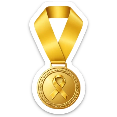 A golden medal with a glossy finish, featuring a central gold awareness ribbon symbol sticker