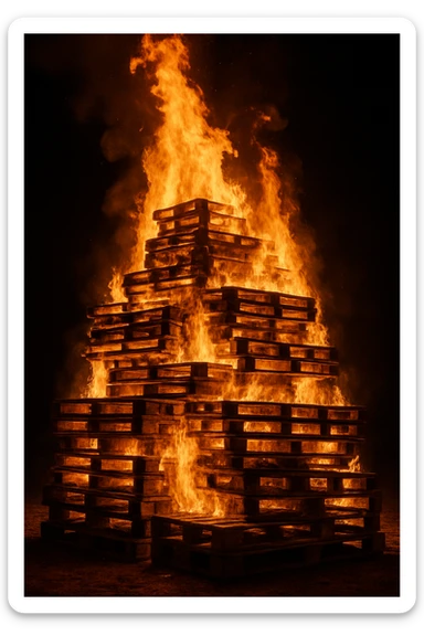 a large bonfire made from stacked pallets, flames engulfing the wood, dramatic, glowing, rustic sticker