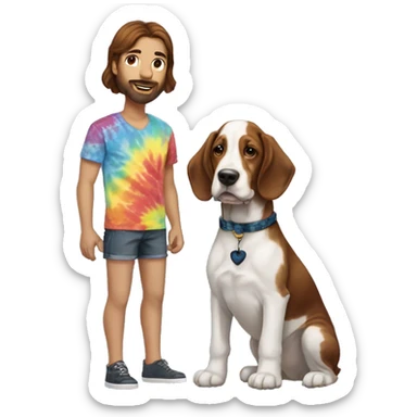 White male with dark brown hair and reddish brown beard wearing a tie-dyed shirt with a  Bassett hound female puppy  sticker