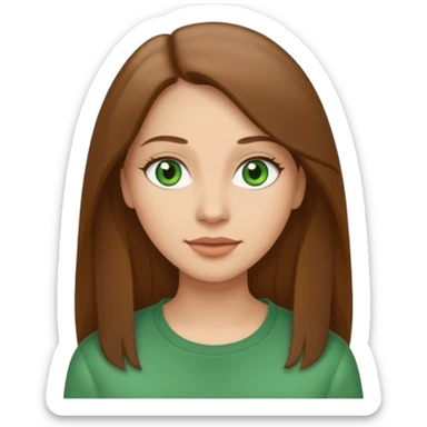 Adult woman avatar, light skin tone, oval face, straight long brown hair, green eyes, neutral mouth, casual  sticker