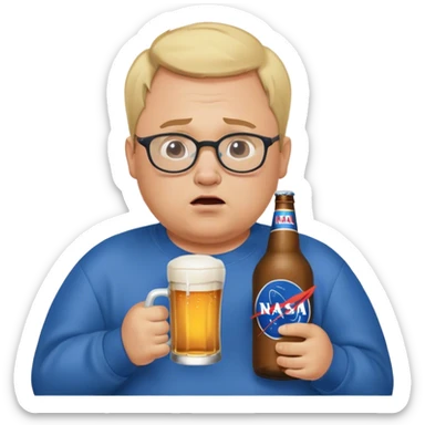  chubby weepy salesperson, beer bottle, complaining, blond short hair, 
receding hairline, blue nasa sweatshirt, with glasses, 40 years old sticker