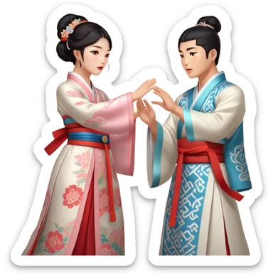 Cinematic Realistic scene of two performers engaging in Ganggangsullae, dressed in traditional Korean costumes with intricate patterns and graceful movements, illuminated by soft, festive lighting that accentuates the cultural ambiance sticker