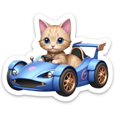 dark crystal blueberry and rosegold-accented cyber drift-racing car driven by a small cute relaxed kitten with rear spoiler, roll bar, and wheely bar sticker