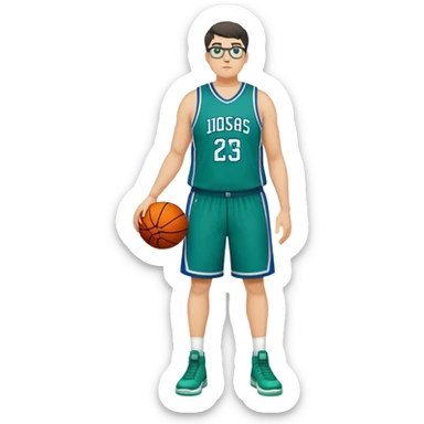 Full Body tall plus size white male with dark short hair basketball player wearing glasses wearing blue green uniform sticker
