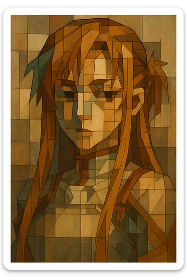 Sticker of Asuna from Sword Art Online in cubist art style with an artistic expression, inspired by the reference image. sticker