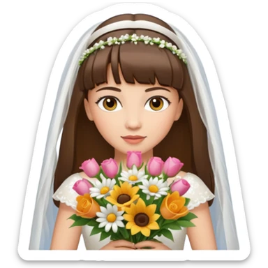 bride emoji with light skin, hazel eyes, brunette straight hair with bangs, holding a bouquet sticker