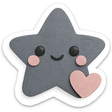 Cute pastel black star with a tiny pastel heart, no limbs, full body, transparent background, kawaii paper craft style. sticker