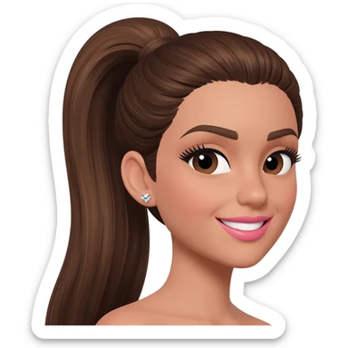 brunette with long  medium brown hair in a sleek high ponytail, dark brown eyes, medium brown eyelash color, full lips, small button nose, fair olive color skin, with full eye lashes, diamond earring studs, with pink lipstick, nice smile, with medium brown eyebrows sticker
