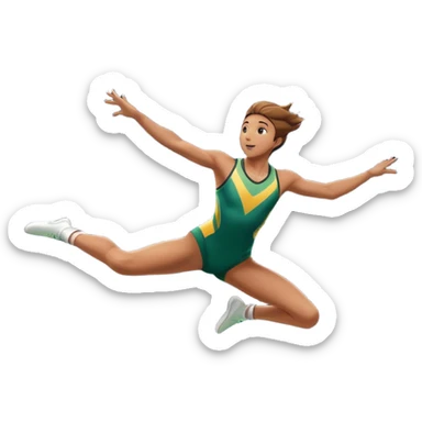 An athletic person soaring high above a trampoline, executing an acrobatic flip with perfect form. The scene captures motion and energy, with a dynamic pose, stretched limbs, and a focused expression. The background suggests a professional trampoline arena with safety padding. sticker