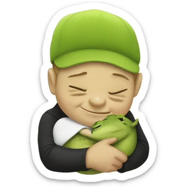 Baby wearing hat that says cobra kai while being hugged by shrek sticker