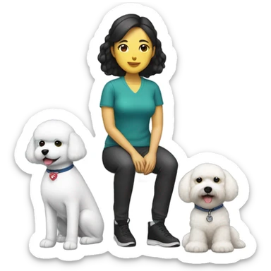 An Asian woman seated next to a service dog bichon sticker