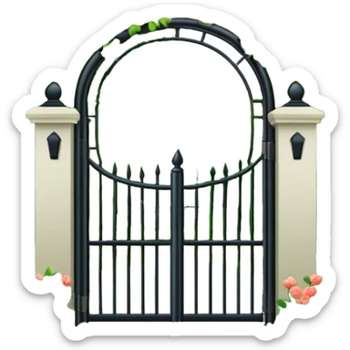 garden entrance with black iron fence, green trees and flowering plants sticker