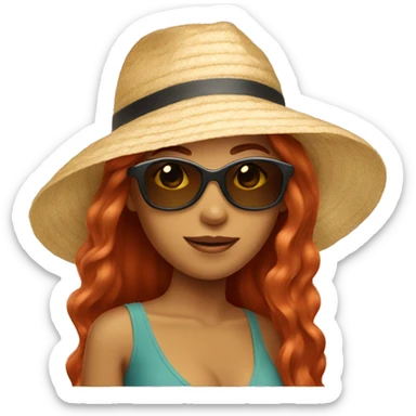 Woman with long red hair, sunglasses, and a beach hat sticker