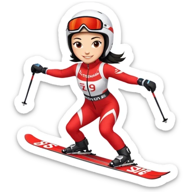 Ski racer downhill squat woman, red white dress, with the name Stephanie on the dress, Ski with the name Head, black hair, smile sticker