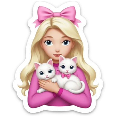 Elsa Hosk hugging a white kitty with a pink bow sticker
