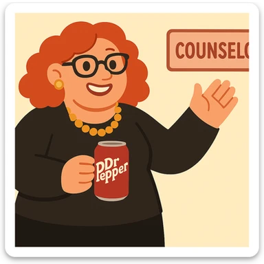 Add jewelry including earrings and a necklace, dress her in black clothes, and put a Dr Pepper soda in her hand. Keep her fun and approachable in the style of the original image. sticker