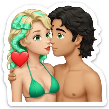 Blonde girl Green eyes wavy hair Green Bikini whole body Kissing man black Hair blue eyes Hearts in Body Background beach sticker