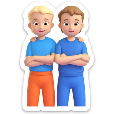 Two cartoon-style boys with similar features, arms around each other's shoulders, smiling, matching outfits, standing close, white background, emoji style sticker