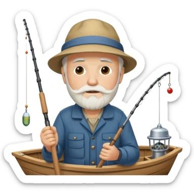 an old white haired, bearded man in fisherman attire, sat in a boat at sea, holding a fishing rod and catching fish with it. sticker